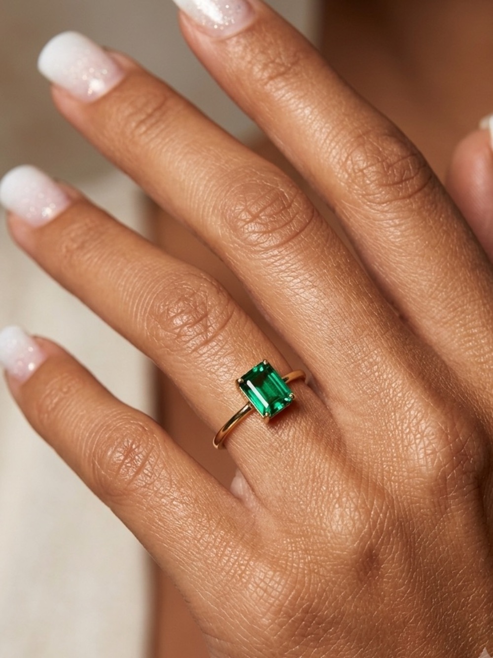 Anthropology 18K Gold Plated Ring with Emerald Green Rectangular Cubic Zirconia
